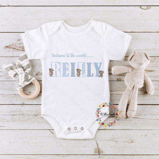 Personalised Welcome To The World Teddy Bear Baby Bodysuit