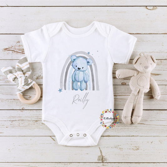 Personalised Rainbow Teddy Bear Baby Bodysuit