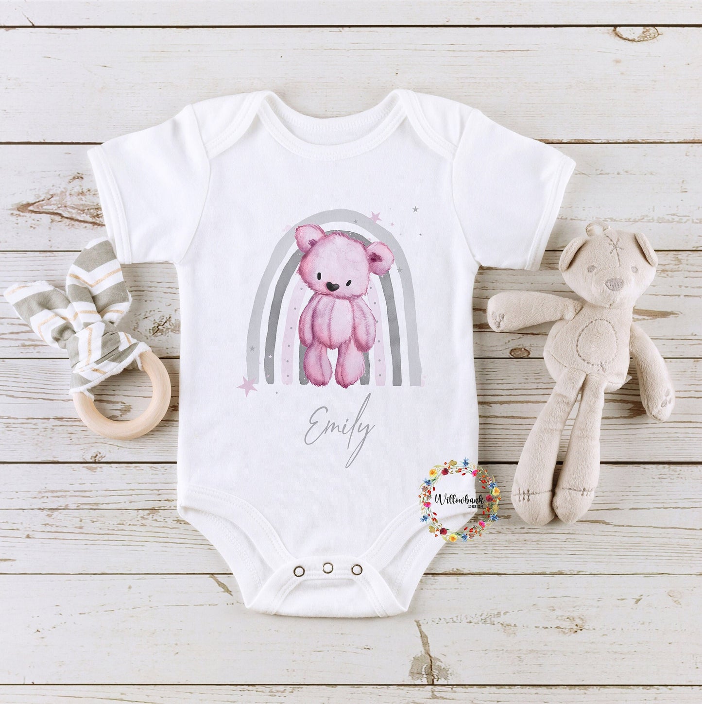 Personalised Rainbow Teddy Bear Baby Bodysuit