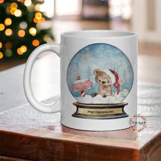 Personalised North Pole Christmas Bear Snow Globe 11oz Mug