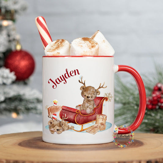 Personalised Santa's Sleigh Christmas Reindeer Bear 11oz Mug