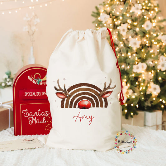 Personalised Reindeer Rainbow Christmas Sack