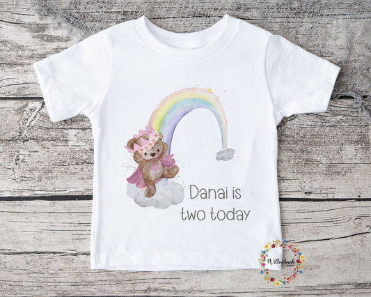 Personalised Happy Birthday Teddy Bear Crown Rainbow Tshirt