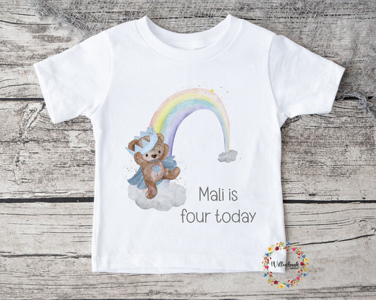 Personalised Happy Birthday Teddy Bear Crown Rainbow Tshirt