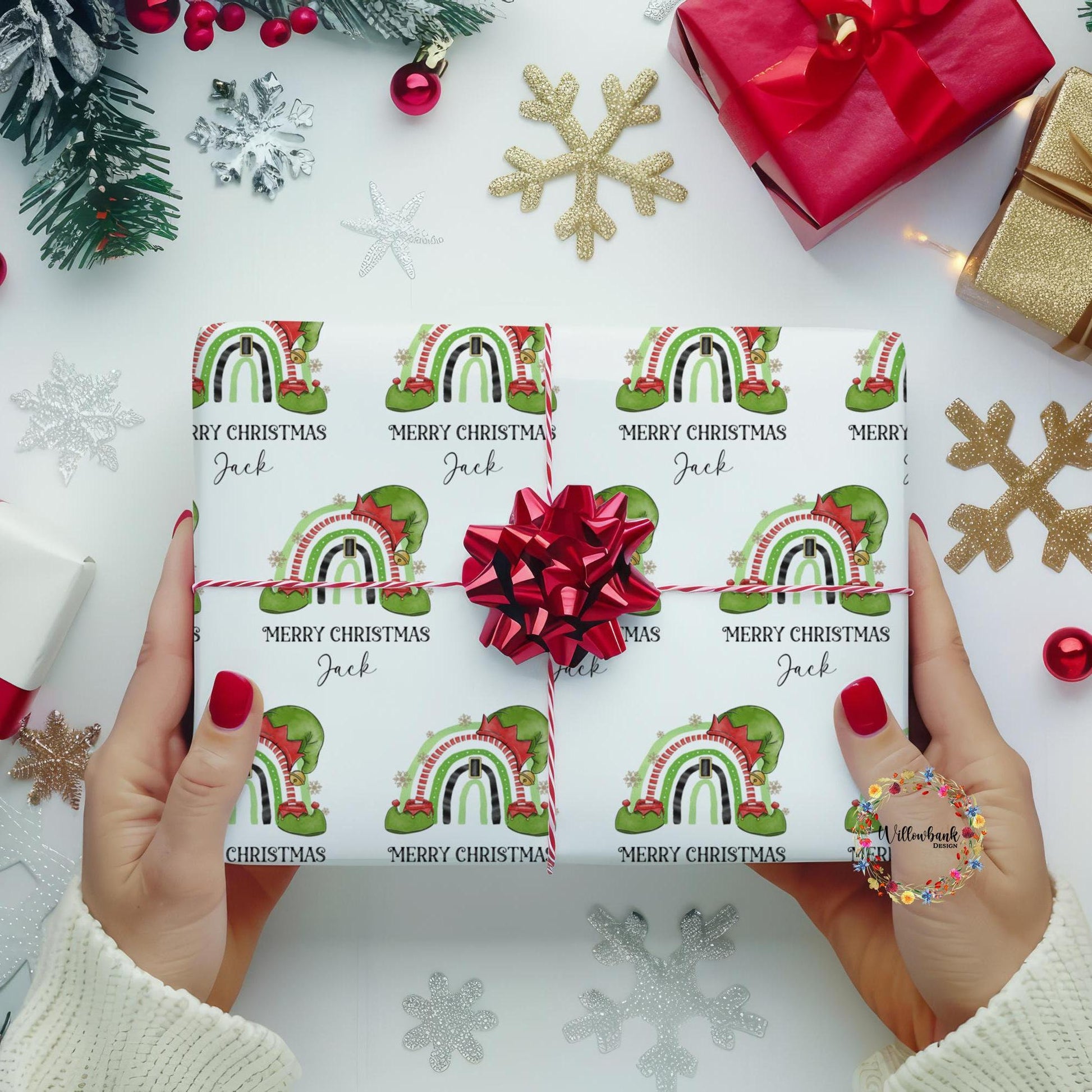 Personalised Elf Rainbow Christmas Wrapping Paper l Gift Wrap l Kids Christmas