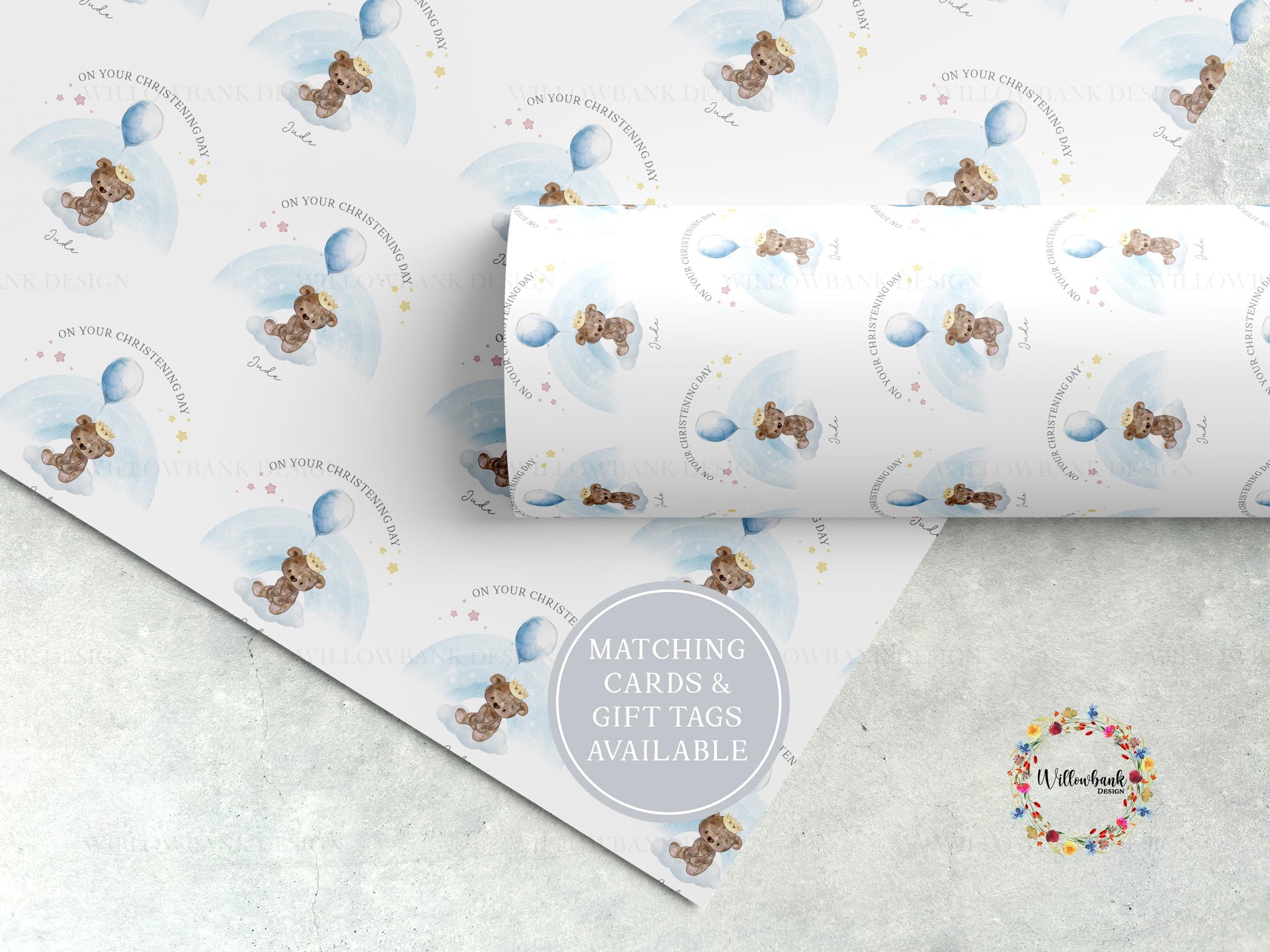 Personalised Teddy Bear Rainbow Balloon Wrapping Paper l Custom Children's Birthday Gift Wrap