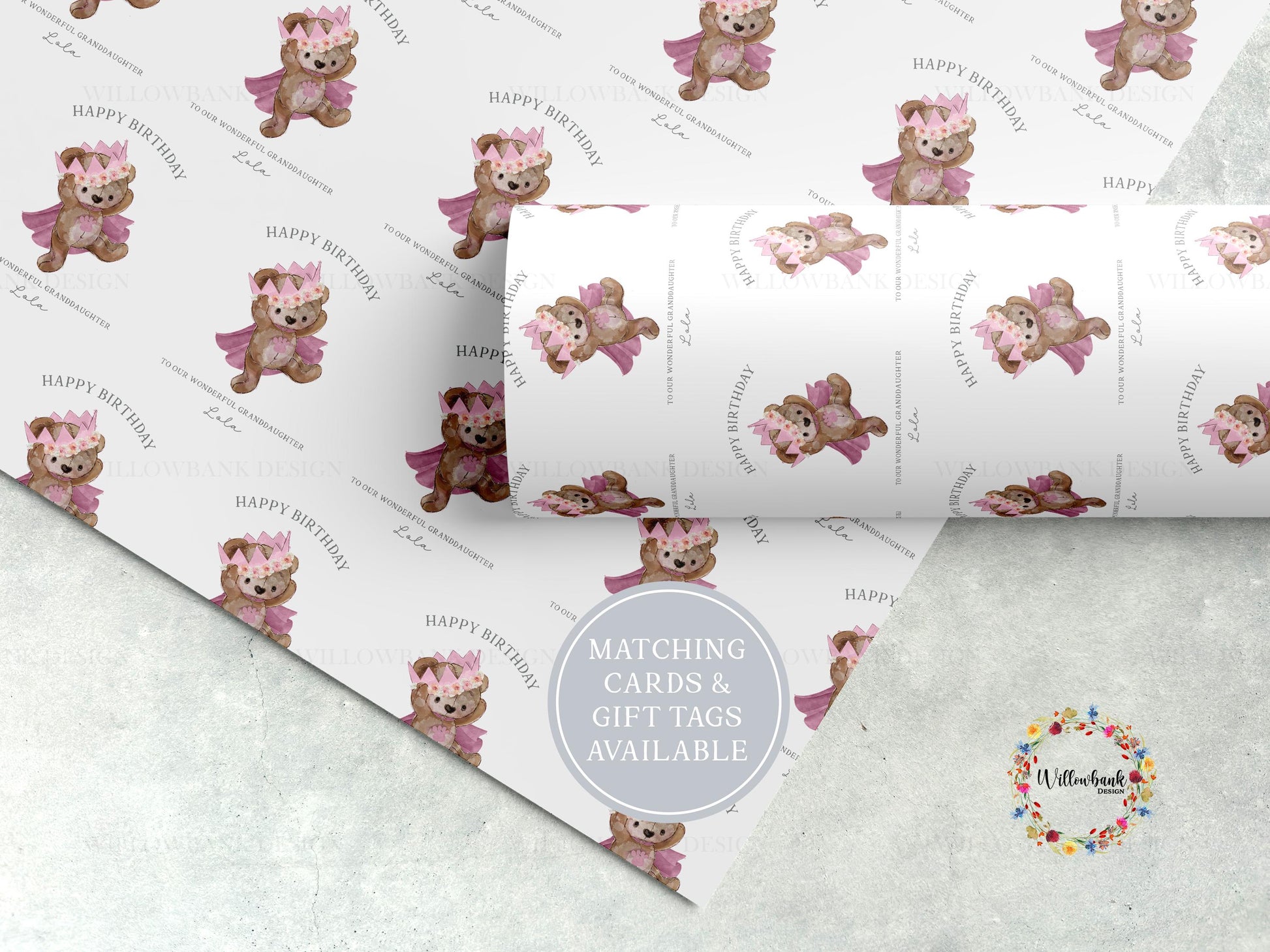 Personalised Teddy Bear Crown Wrapping Paper l Custom Children's Birthday Gift Wrap