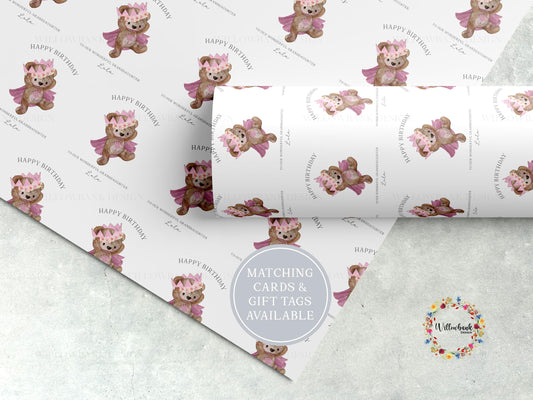 Personalised Teddy Bear Crown Wrapping Paper l Custom Children's Birthday Gift Wrap