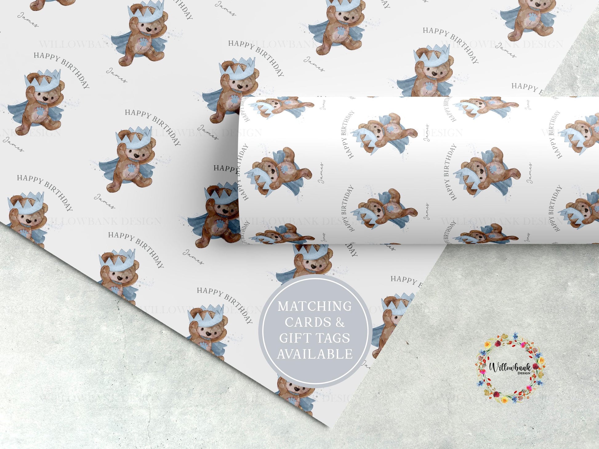Personalised Teddy Bear Crown Wrapping Paper l Custom Children's Birthday Gift Wrap