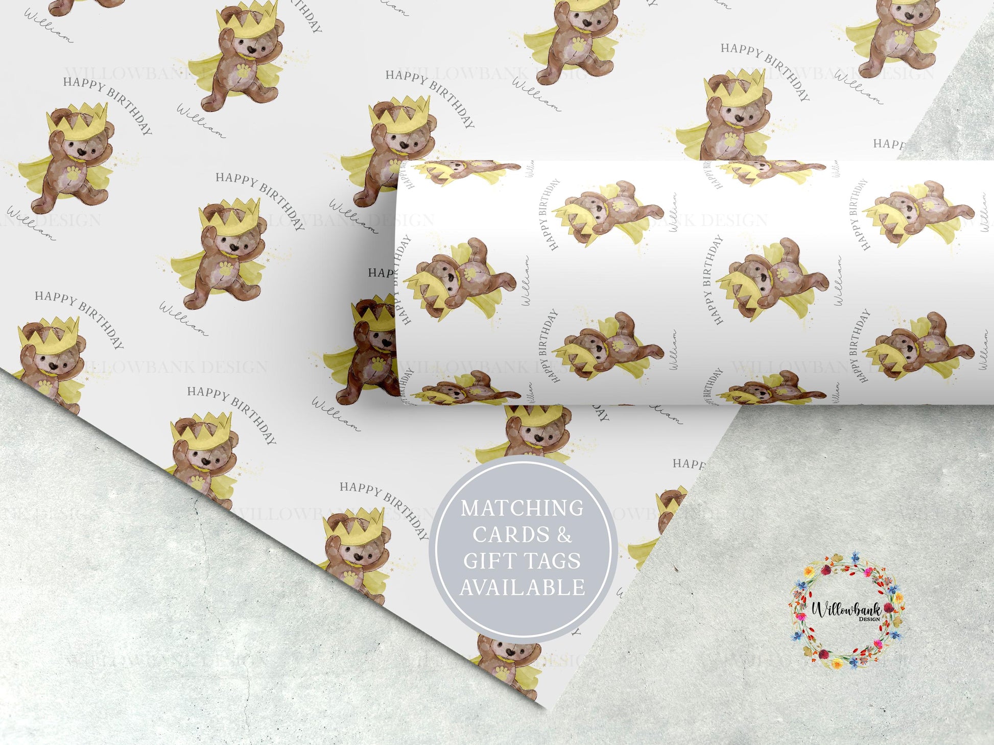 Personalised Teddy Bear Crown Wrapping Paper l Custom Children's Birthday Gift Wrap