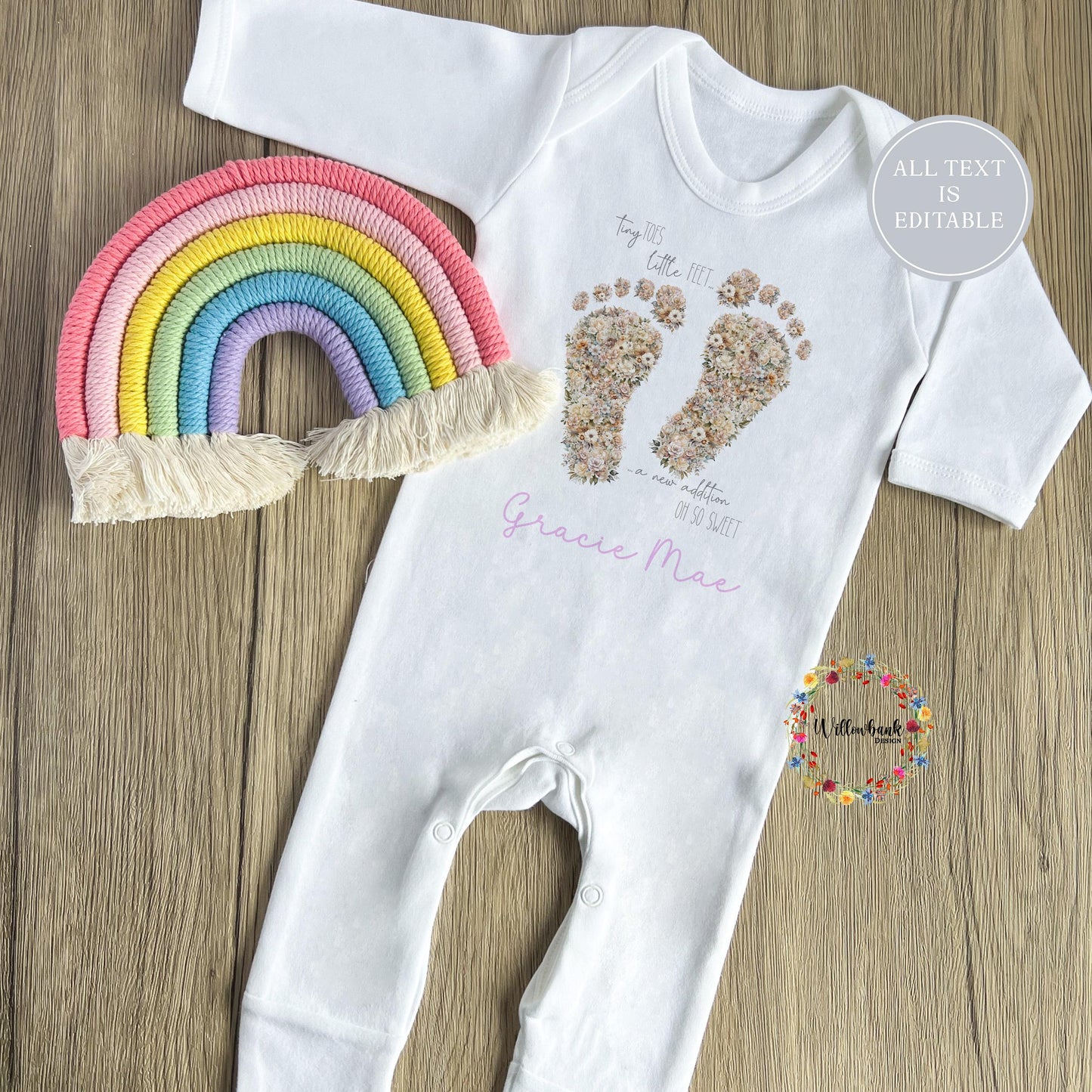 Personalised Floral Tiny Feet Baby Bodysuit l Baby Girl Vest l New Baby Gift l Babygrow l Unisex l Neutral l Baby Boy l Welcome To The World