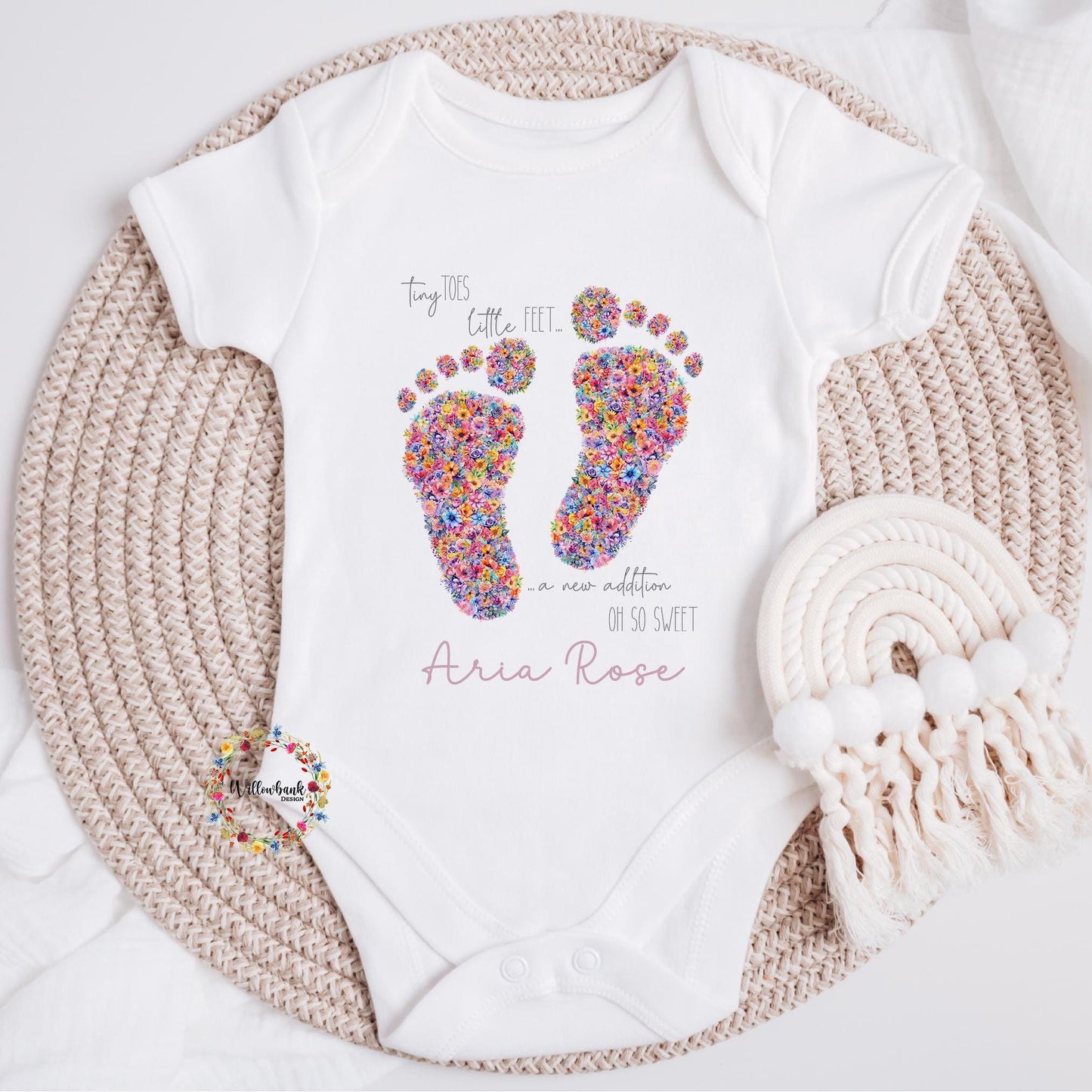 Personalised Floral Tiny Feet Baby Bodysuit l Baby Girl Vest l New Baby Gift l Babygrow l Unisex l Neutral l Baby Boy l Welcome To The World
