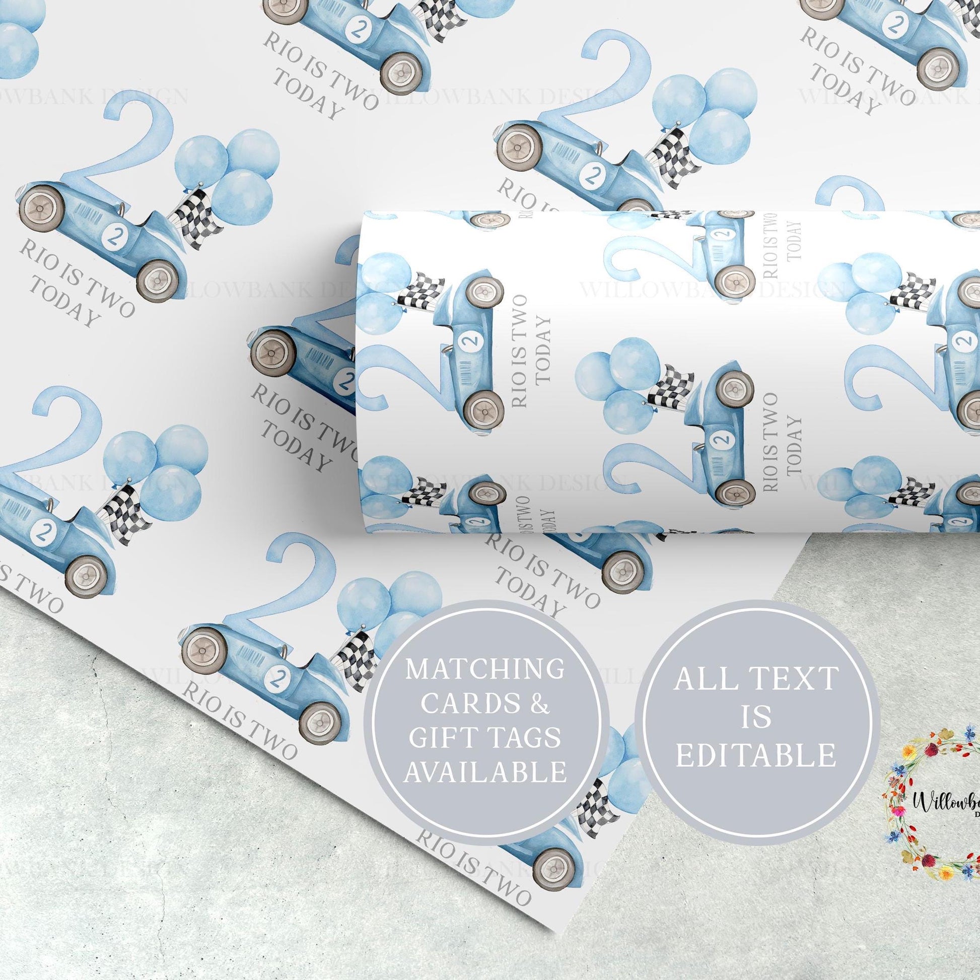 Personalised Blue Race Car Wrapping Paper l Custom Gift Wrap
