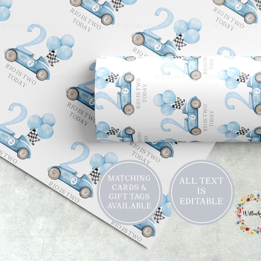 Personalised Blue Race Car Wrapping Paper l Custom Gift Wrap