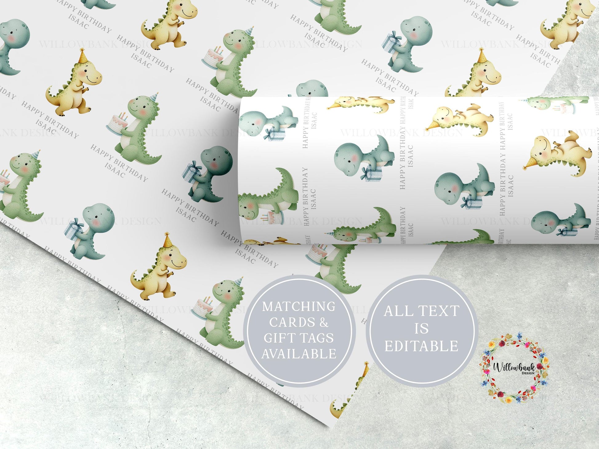 Personalised Dinosaur Birthday Wrapping Paper l Custom Gift Wrap
