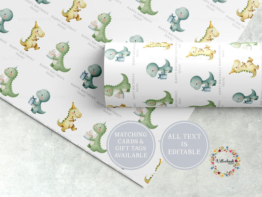 Personalised Dinosaur Birthday Wrapping Paper l Custom Gift Wrap