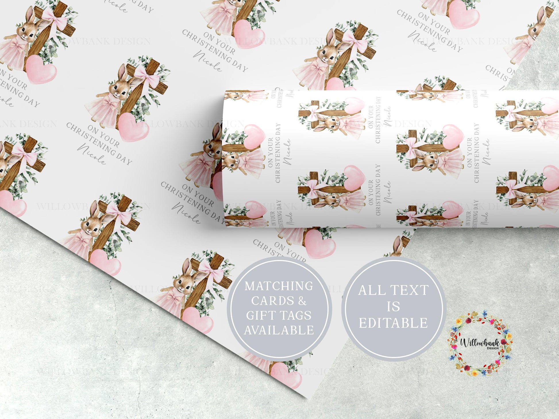 Bunny Rabbit Christening Wrapping Paper l Custom Gift Wrap