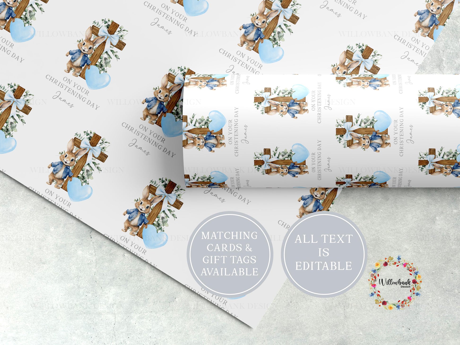 Bunny Rabbit Christening Wrapping Paper l Custom Gift Wrap