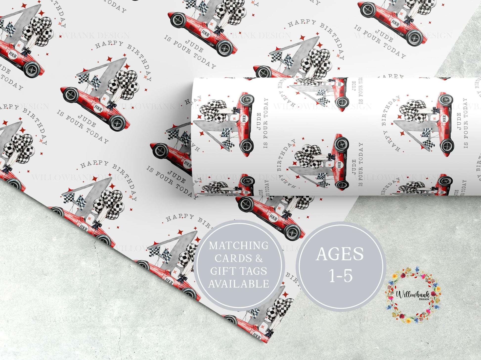 Personalised Race Car Wrapping Paper l Custom Gift Wrap
