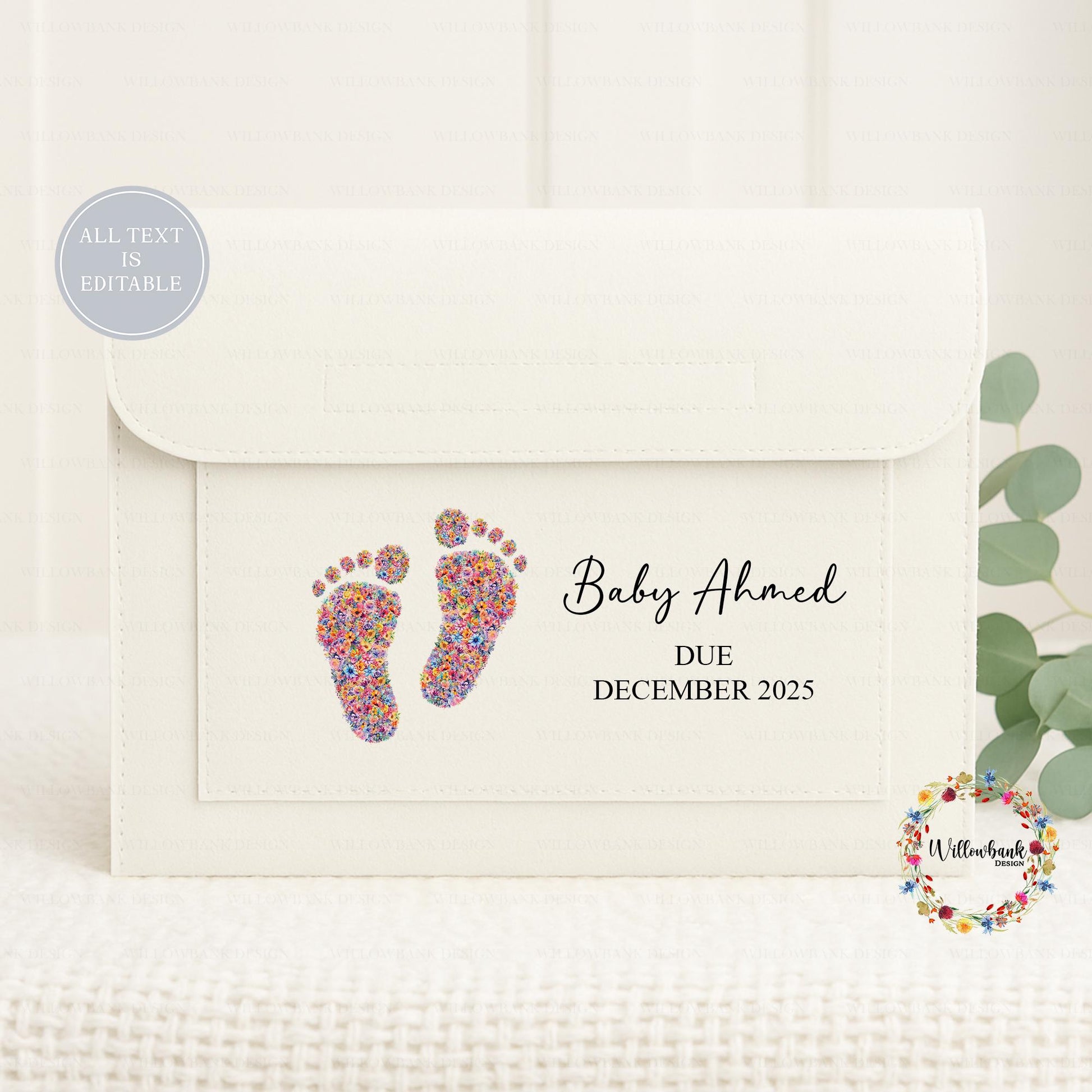 Personalised Baby Maternity Notes Folder l Pregnancy Documents Holder l New Mum Gift l Floral Baby Footprints