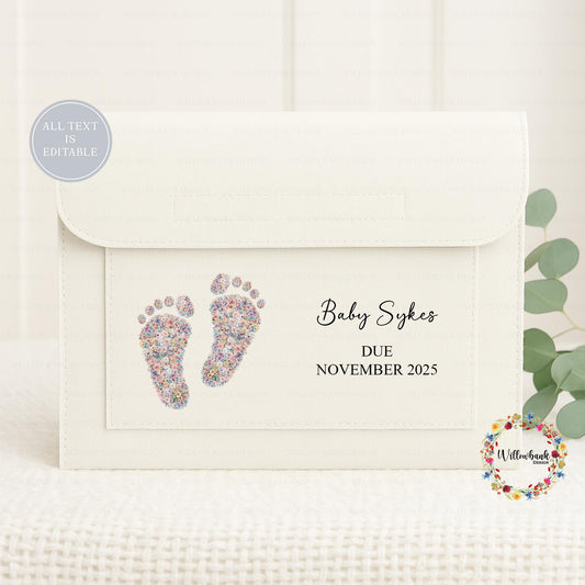 Personalised Baby Maternity Notes Folder l Pregnancy Documents Holder l New Mum Gift l Floral Baby Footprints