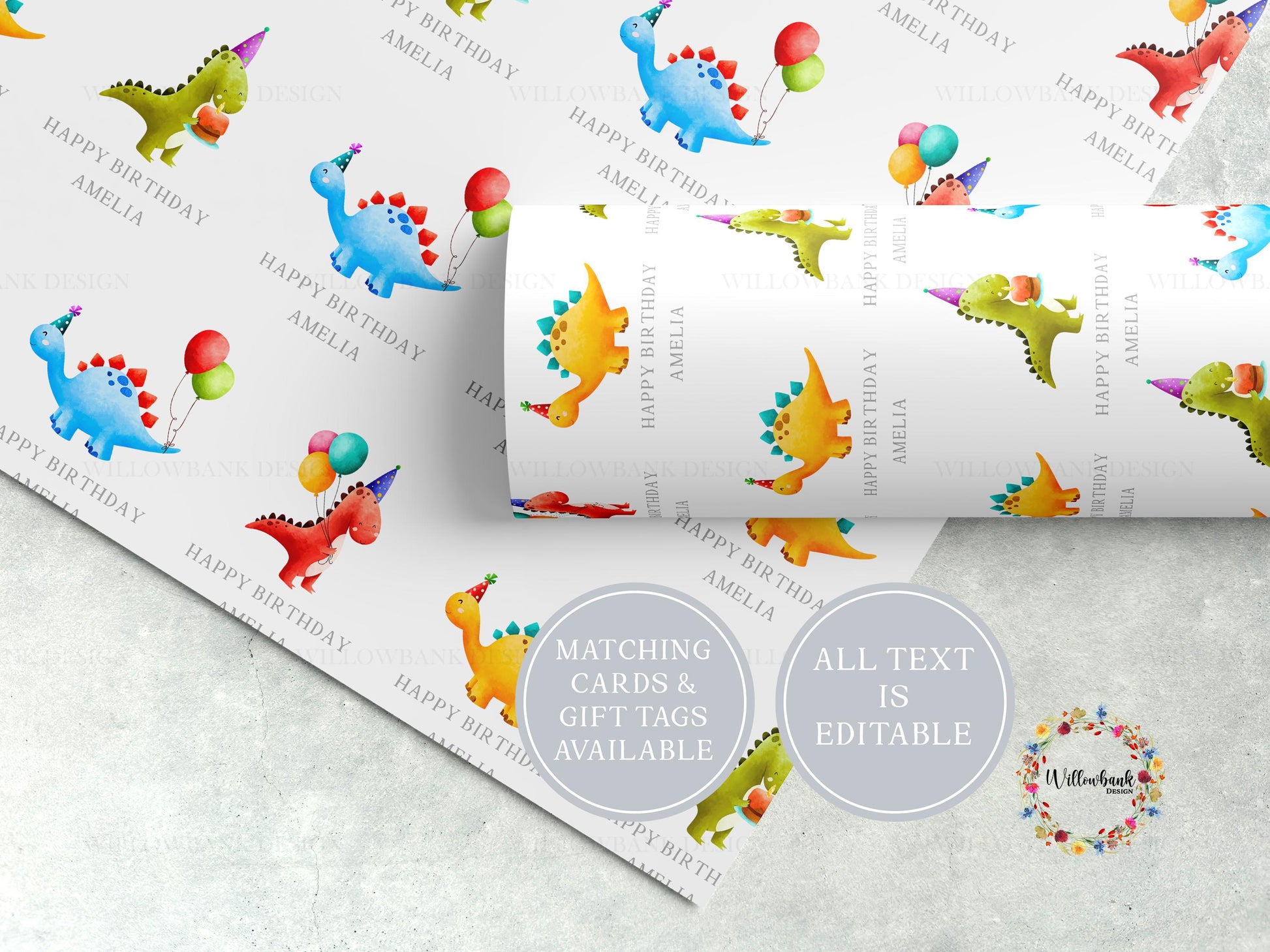 Personalised Dinosaur Birthday Wrapping Paper l Custom Gift Wrap