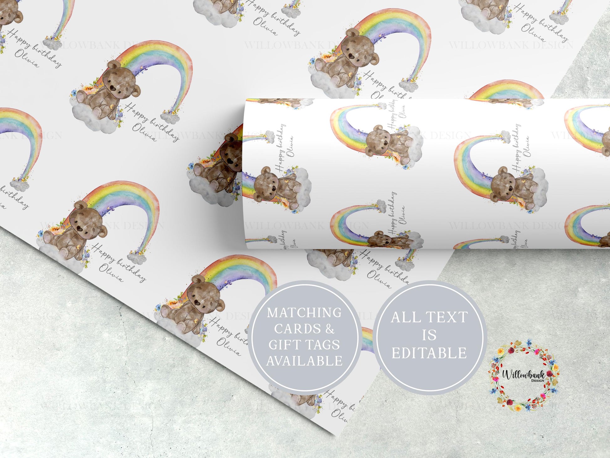 Personalised Teddy Bear Rainbow Wrapping Paper l Custom Children's Birthday Gift Wrap