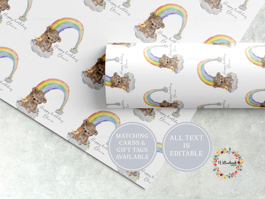 Personalised Teddy Bear Rainbow Wrapping Paper l Custom Children's Birthday Gift Wrap