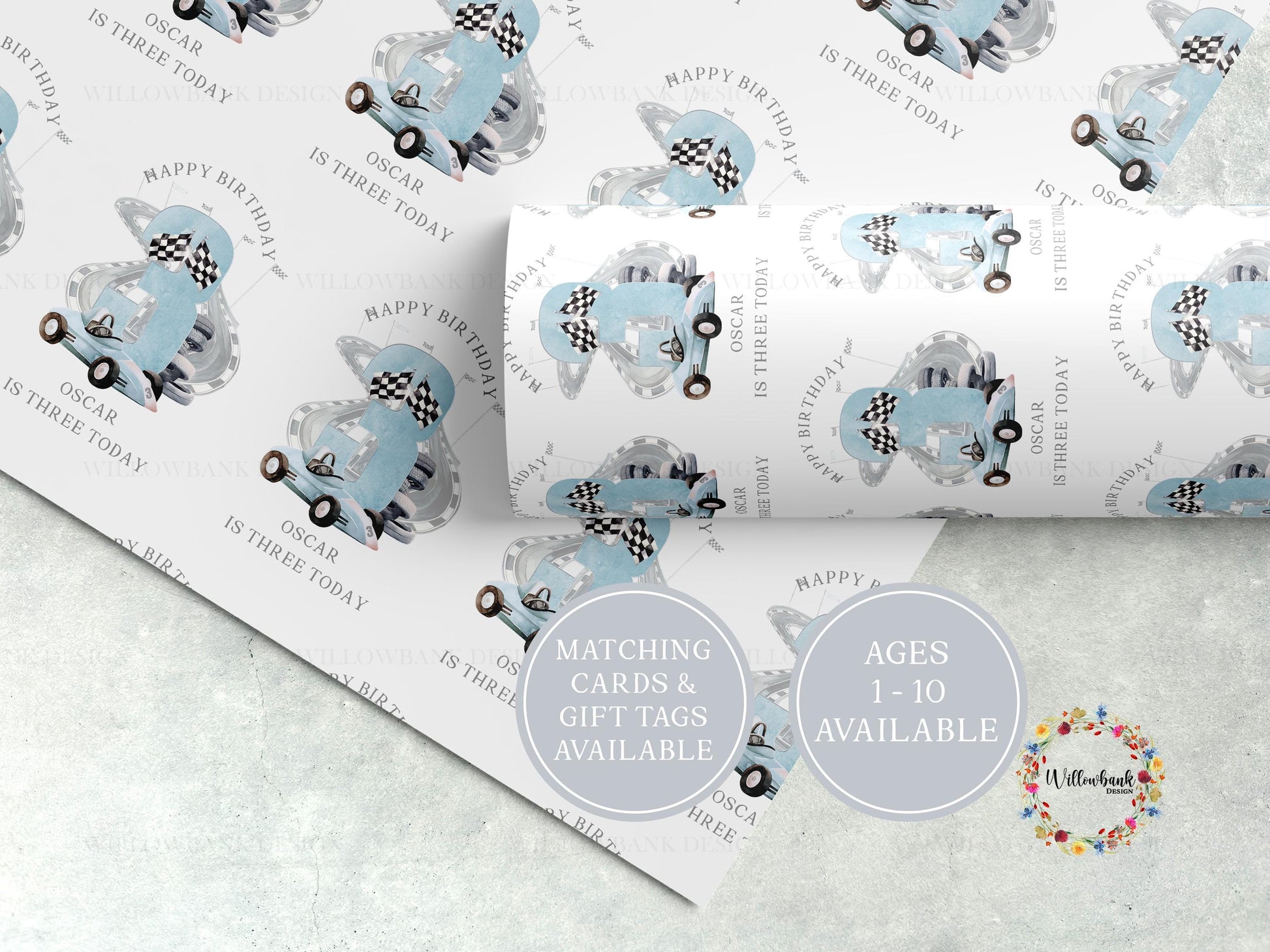 Personalised Blue Race Car Wrapping Paper l Custom Gift Wrap