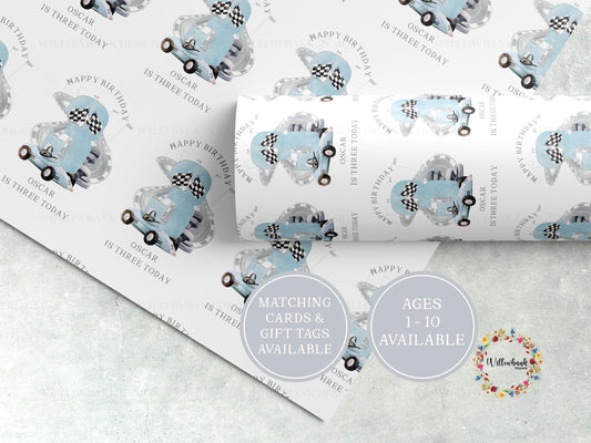 Personalised Blue Race Car Wrapping Paper l Custom Gift Wrap