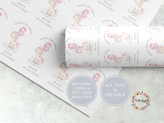 Personalised Unicorn Birthday Wrapping Paper l Custom Gift Wrap