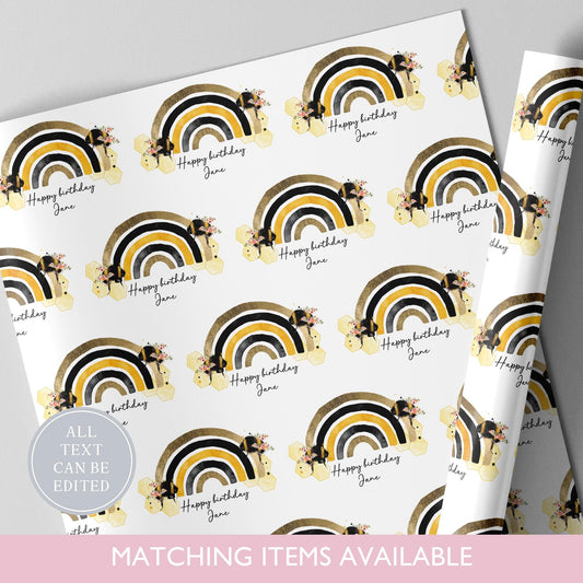 Personalised Bee Rainbow Birthday Wrapping Paper l Custom Gift Wrap
