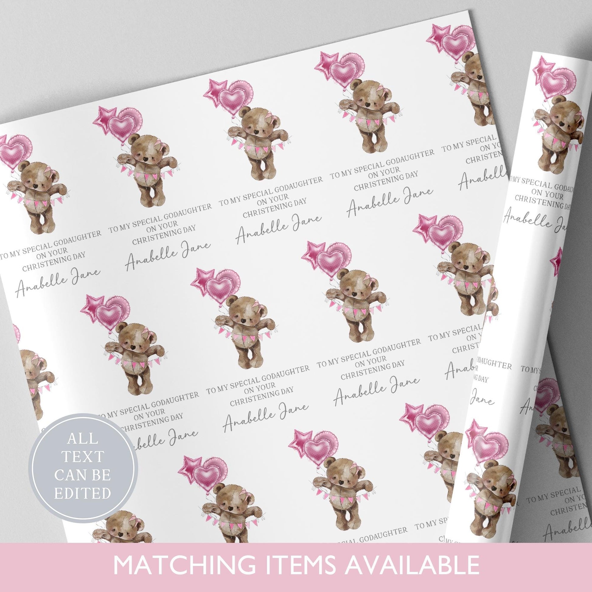 Personalised Teddy Bear Christening Wrapping Paper l Custom Gift Wrap