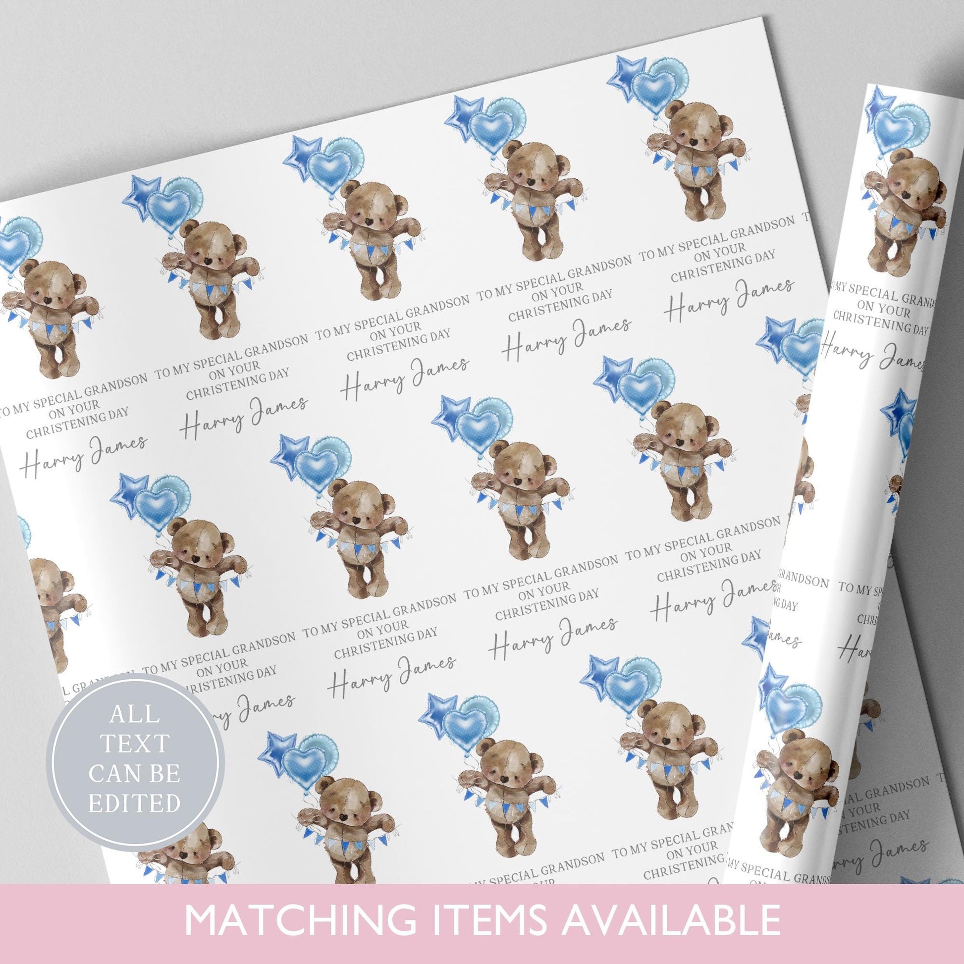 Personalised Teddy Bear Christening Wrapping Paper l Custom Gift Wrap