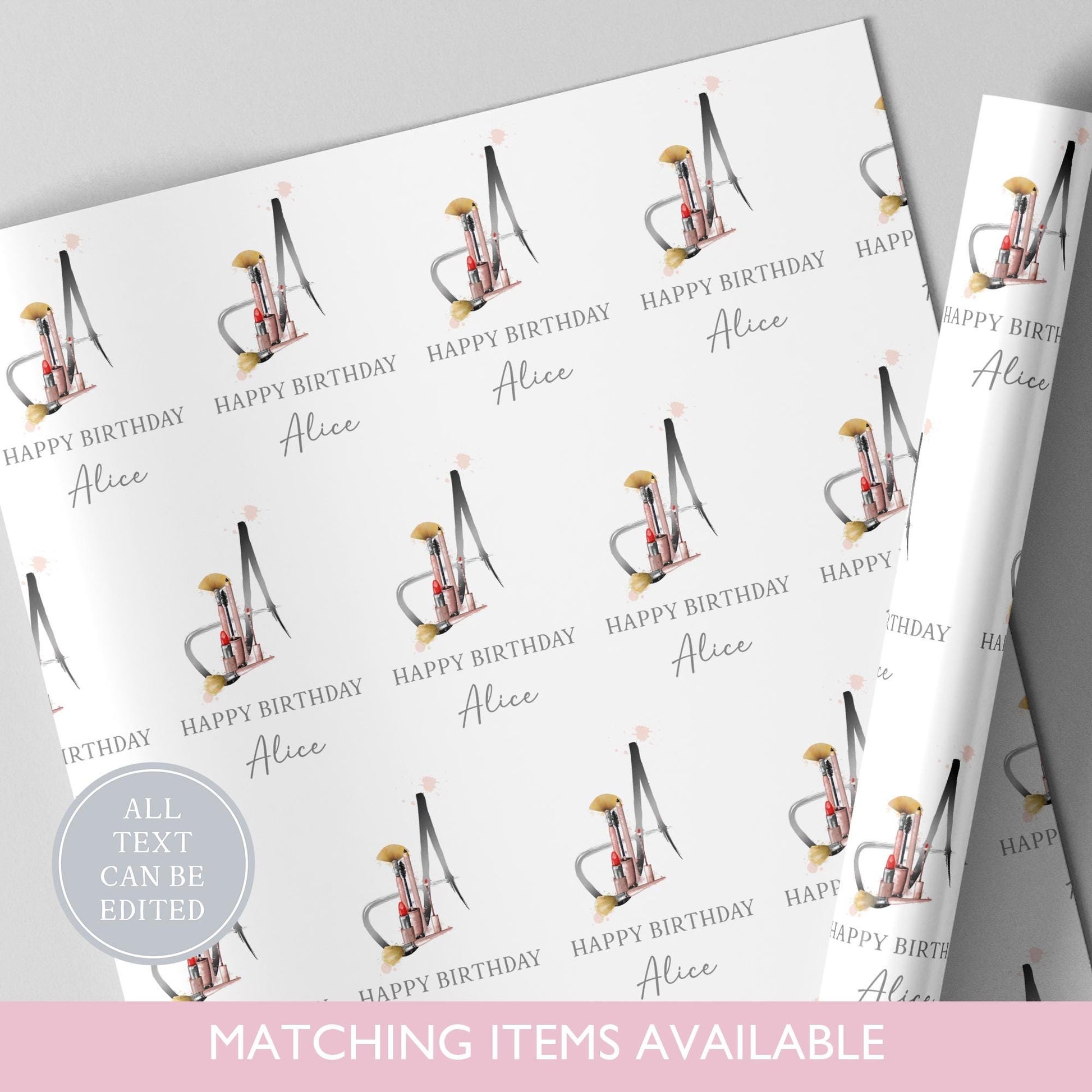 Personalised Cosmetics Make Up Birthday Wrapping Paper l Custom Gift Wrap
