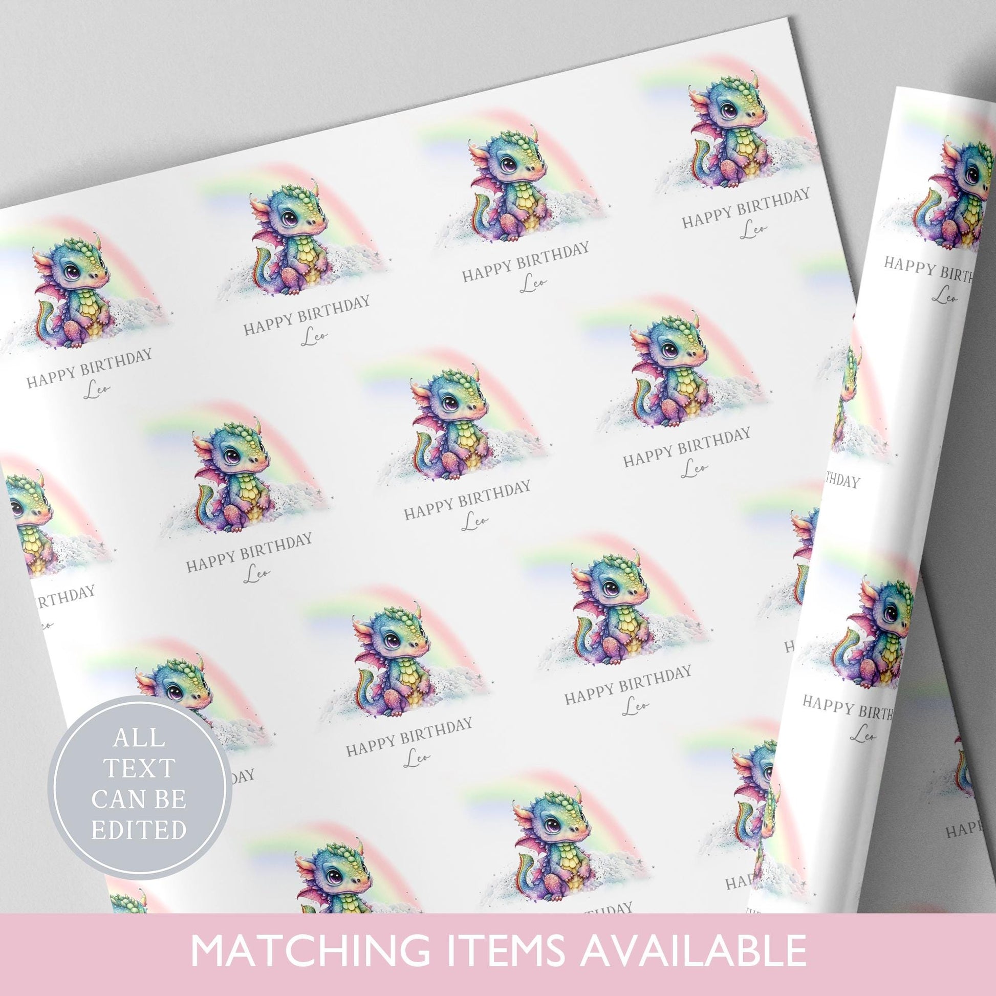 Personalised Rainbow Dragon Birthday Wrapping Paper l Custom Gift Wrap