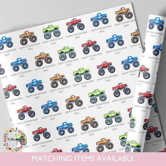 Personalised Monster Truck Wrapping Paper l Custom Gift Wrap l Children's Birthday Theme l Kids Birthday