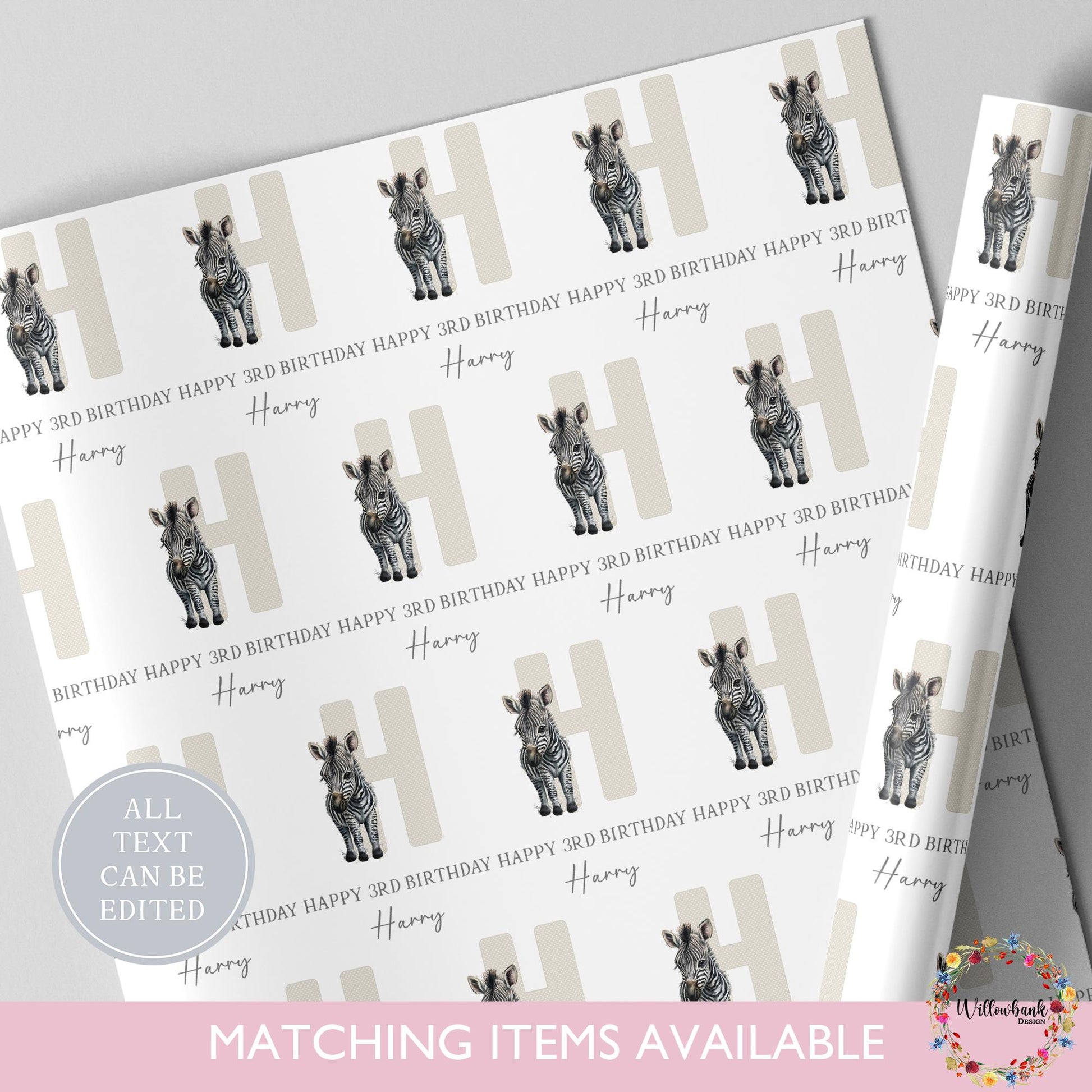 Personalised Zebra Birthday Wrapping Paper l Custom Gift Wrap l Children's Birthday Theme l Kids Birthday l Safari Animal