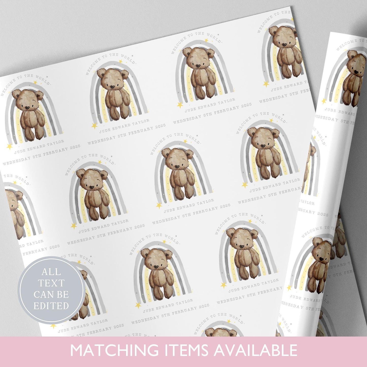 Personalised Rainbow New Baby Gift Wrapping Paper l Teddy Bear Gift Wrap l Welcome To The World l Custom l Baby Gift l Baby Boy l Baby Girl