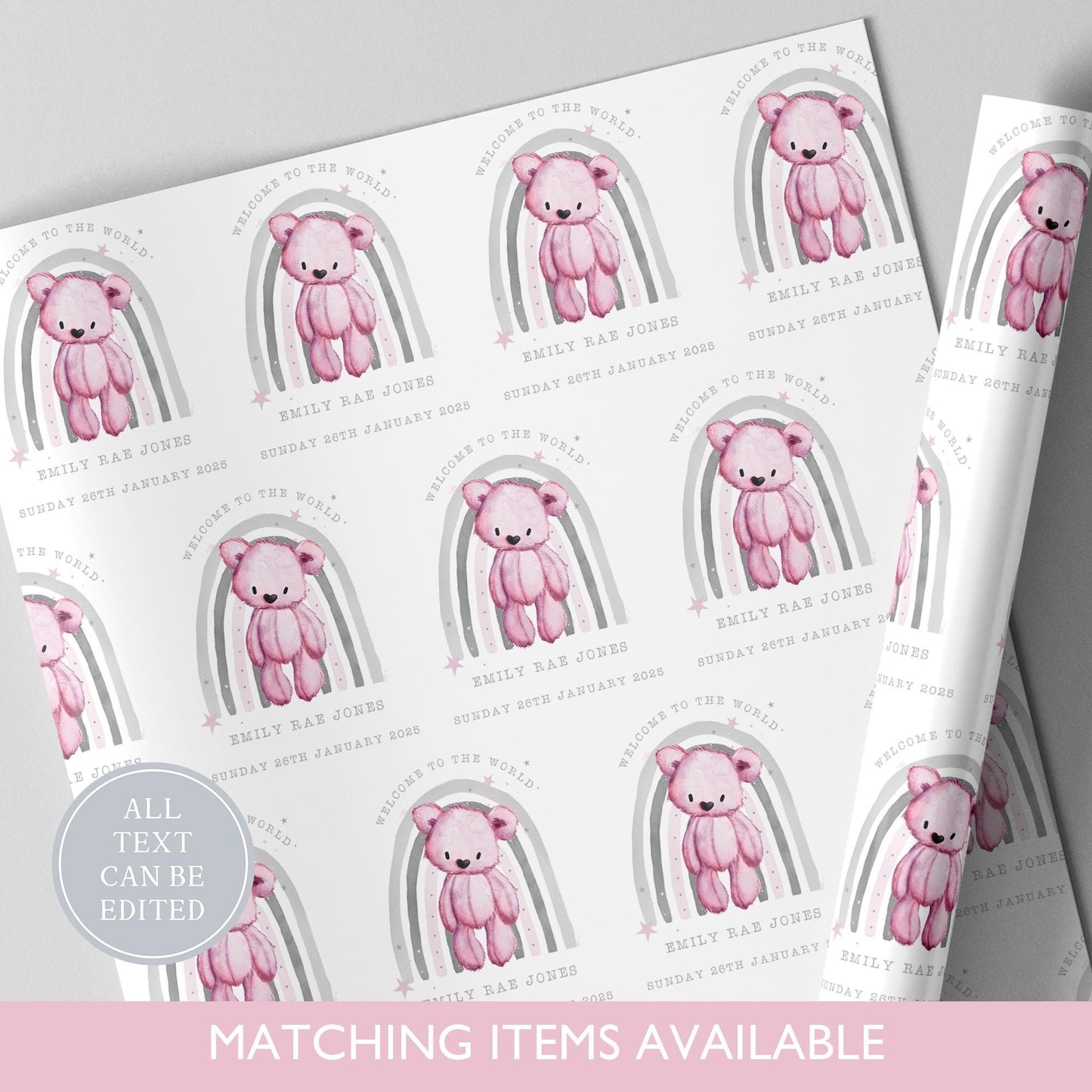Personalised Rainbow New Baby Gift Wrapping Paper l Teddy Bear Gift Wrap l Welcome To The World l Custom l Baby Gift l Baby Boy l Baby Girl