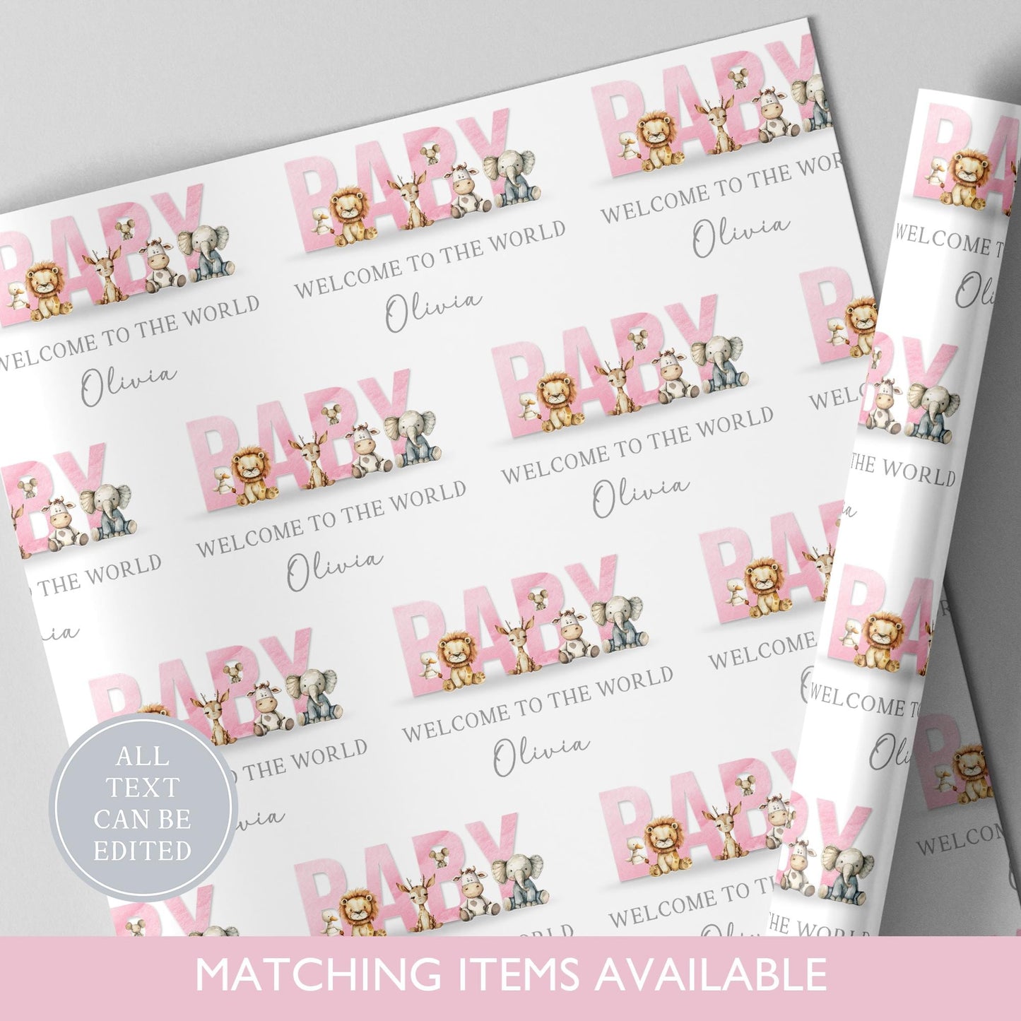 Personalised New Baby Safari Animal Wrapping Paper l Custom Gift Wrap l Welcome To The World