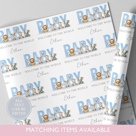 Personalised New Baby Safari Animal Wrapping Paper l Custom Gift Wrap l Welcome To The World