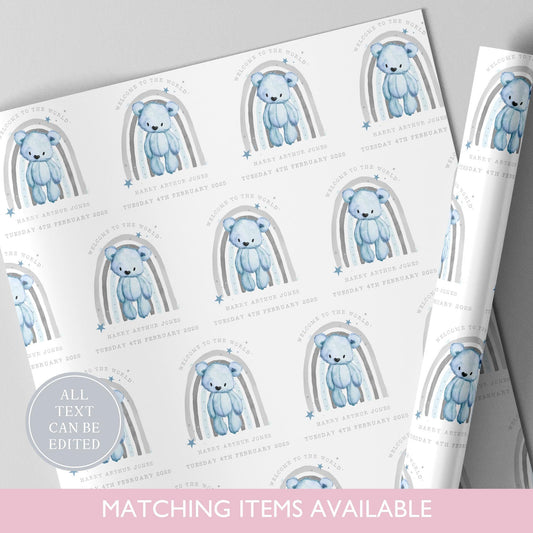 Personalised Rainbow New Baby Gift Wrapping Paper l Teddy Bear Gift Wrap l Welcome To The World l Custom l Baby Gift l Baby Boy l Baby Girl