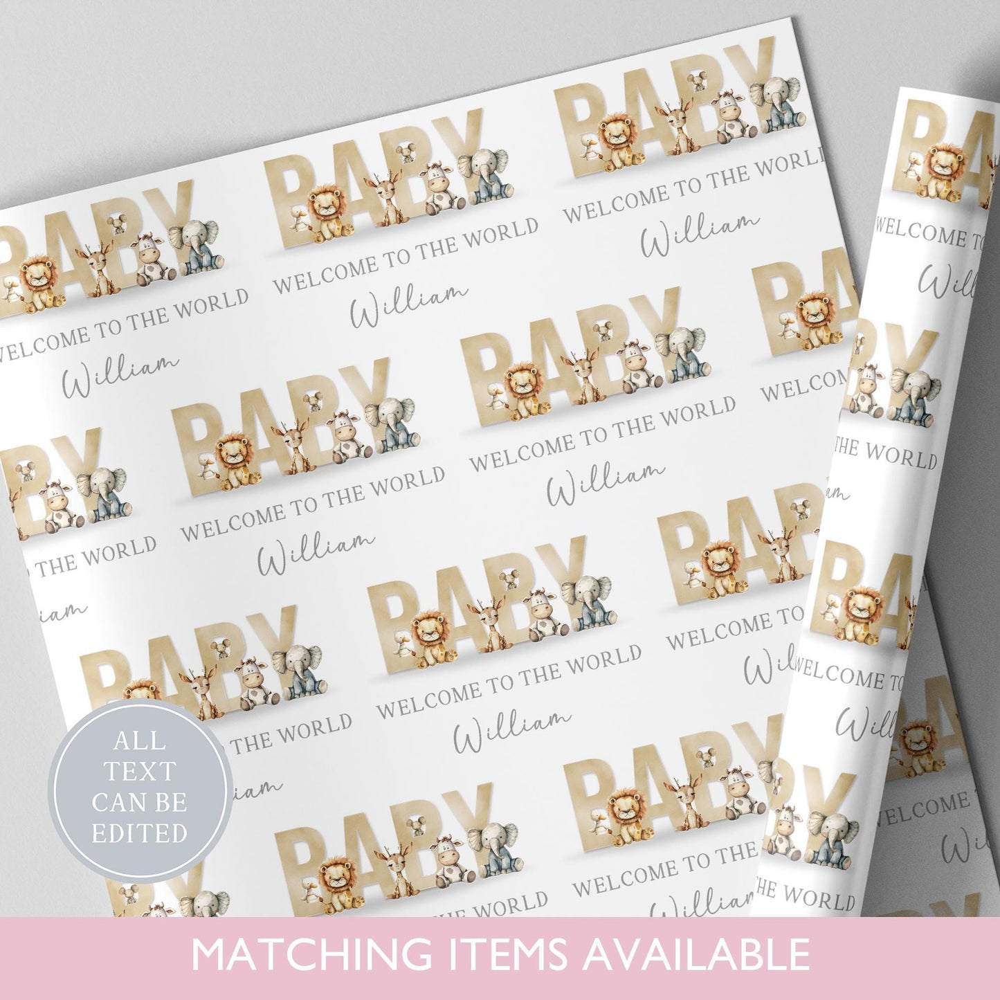 Personalised New Baby Safari Animal Wrapping Paper l Custom Gift Wrap l Welcome To The World