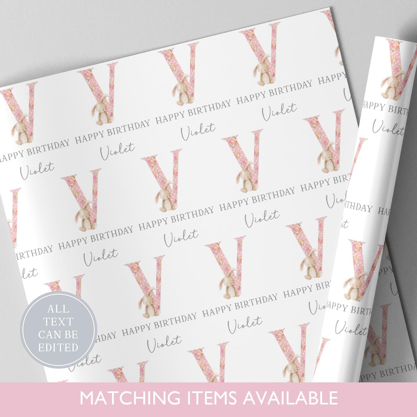 Personalised Bunny Rabbit Birthday Wrapping Paper l Custom Gift Wrap l First Birthday l Birthday Gift l Children's Birthday l Luxury