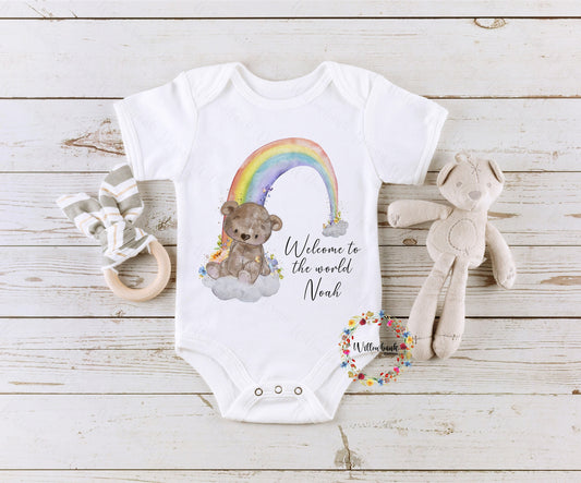 Personalised Welcome To The World Teddy Bear Rainbow Baby Bodysuit l Baby Girl Vest l New Baby Gift l Baby Shower l Unisex l Neutral