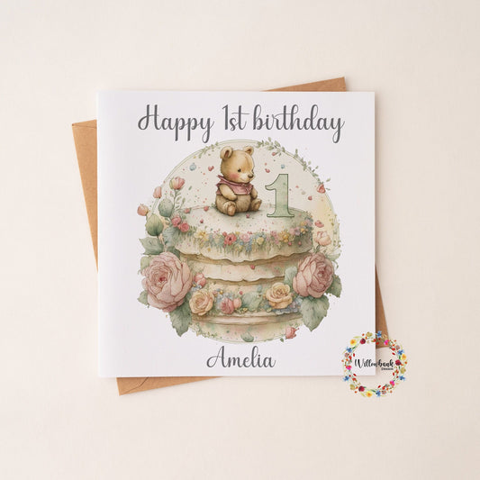 Personalised Happy 1st Birthday Card l Teddy Bear l Vintage l First Birthday