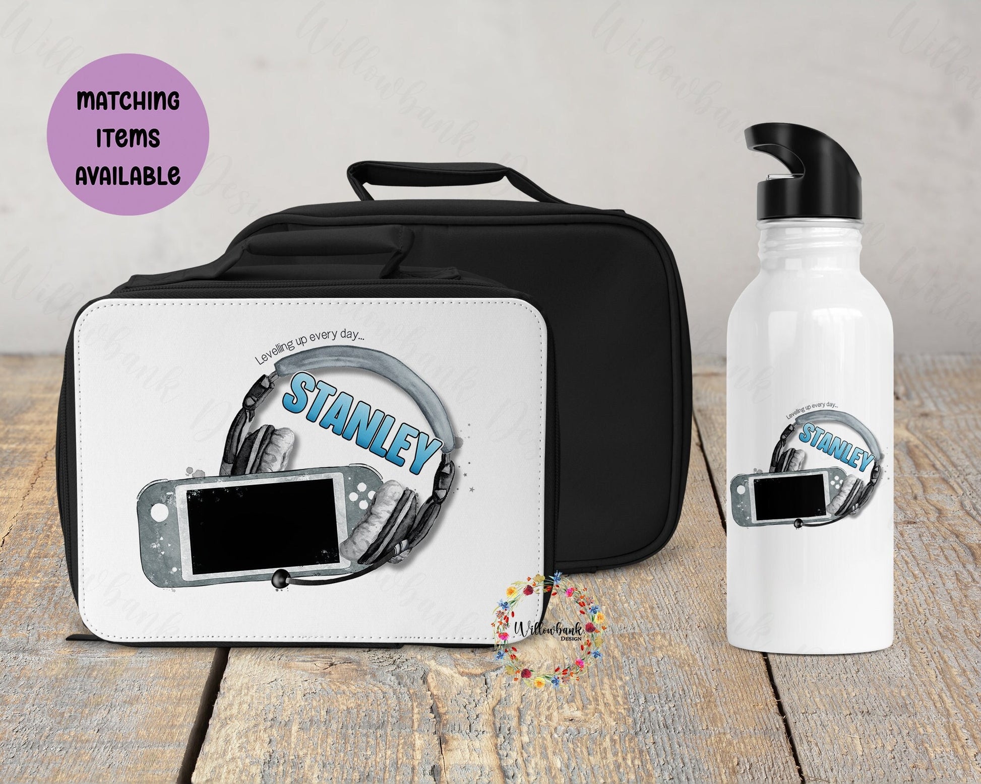 Personalised Matching Gaming Insulated School Lunch Bag & Water Bottle l l Drink Bottle l Back To School l 500ml Straw