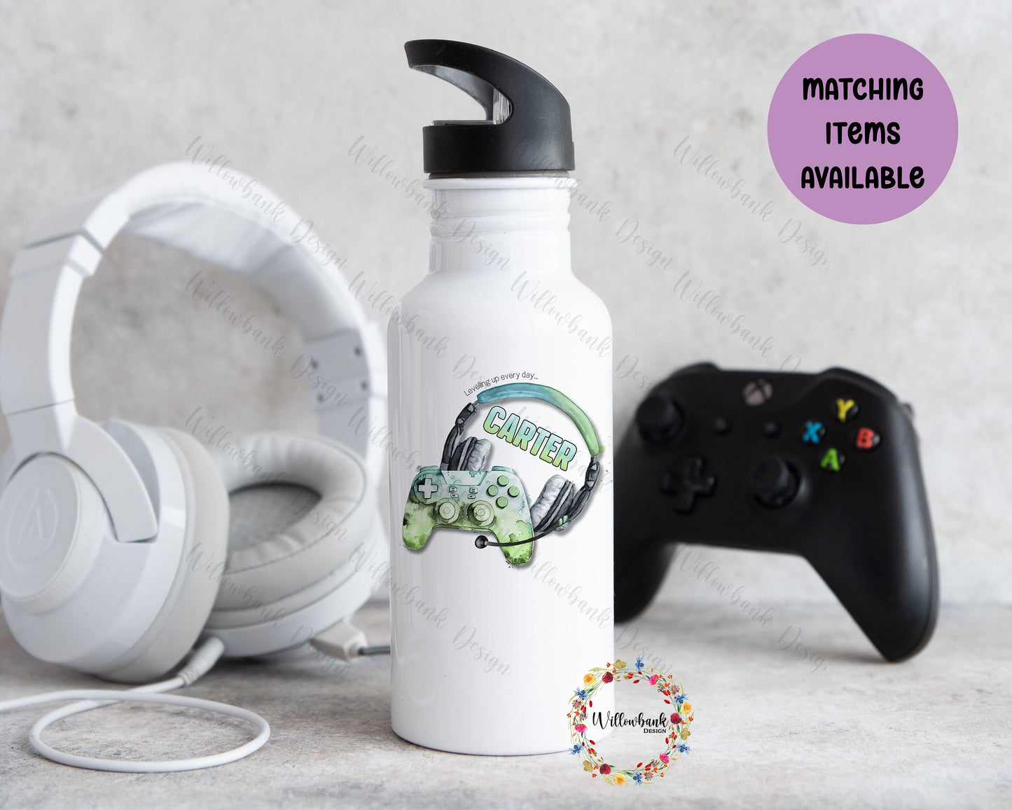 Personalised Gaming Water Bottle l Gamer Drinkware l School Drink Bottle l Handled Drink Bottles l 500ml Straw Bottle