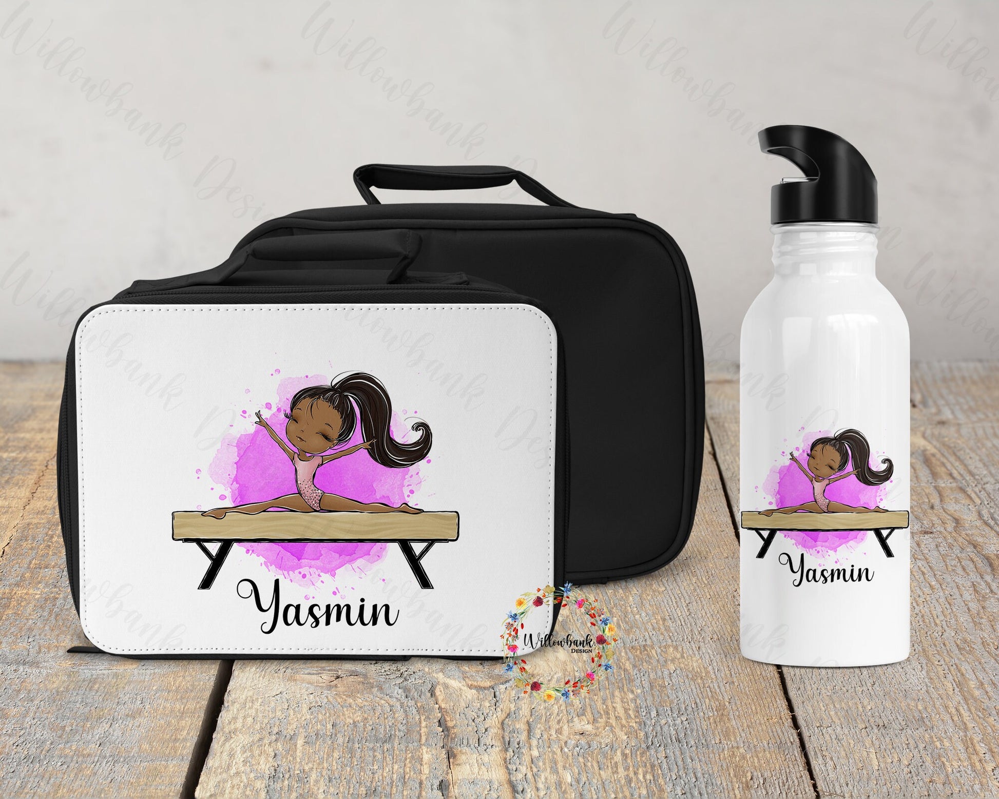 Personalised Matching Gymnastics Water Bottle & Lunch Bag Cooler l School Drink Bottle l Handled Drink Bottles l 500ml Straw Bottle